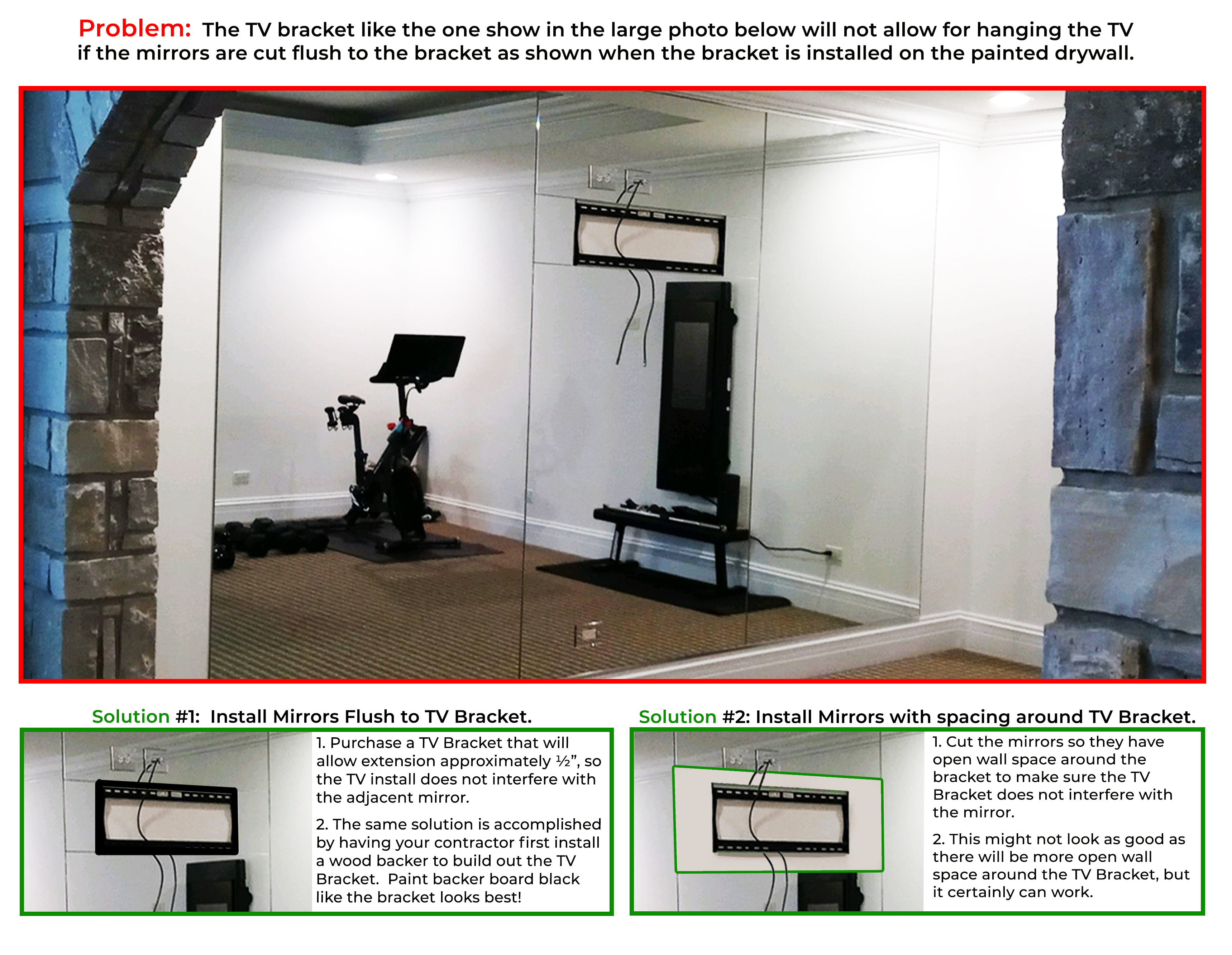 Plan for TV Brackets Installed on Exercise Room Mirrors