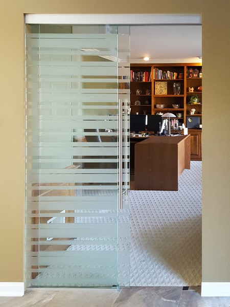 home office sliding glass door with striped etching